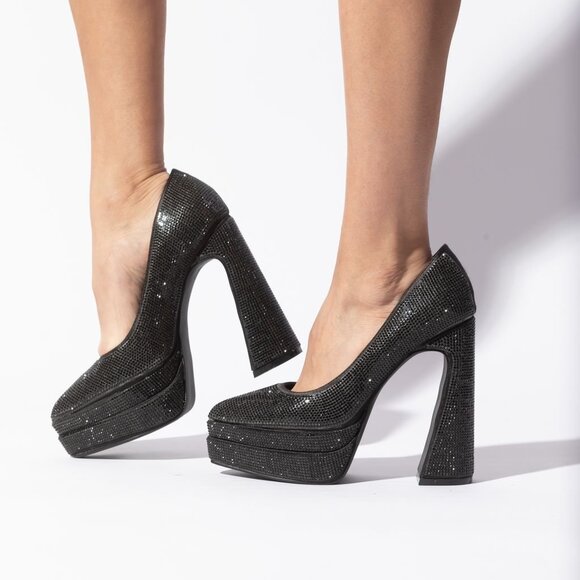 Black Sparkly Closed Toe Statement Platform Block Heels - Picture 4 of 4